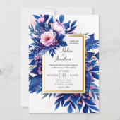 Kobalt Blauw Blush Roze Bloemen Edelende Huwelijk Kaart (Voorkant)