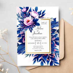 Kobalt Blauw Blush Roze Bloemen Edelende Huwelijk Kaart