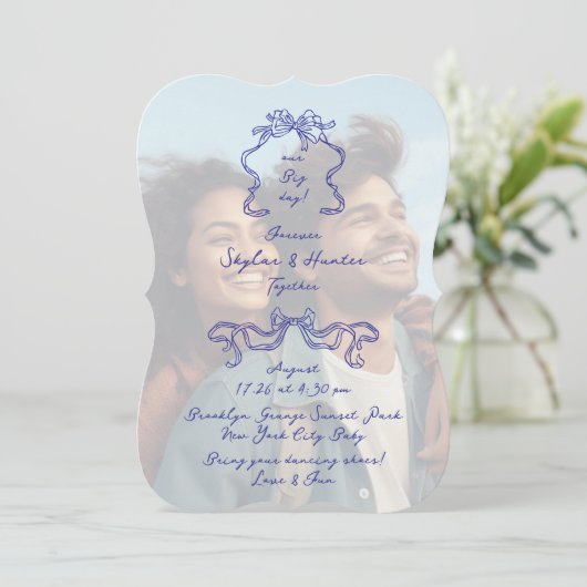 Kobalt Blauw Boho Doodle Overlay Foto Huwelijk Kaart (Staand voorkant)