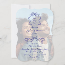 Kobalt Blauw Boho Doodle Overlay Foto Huwelijk Kaart