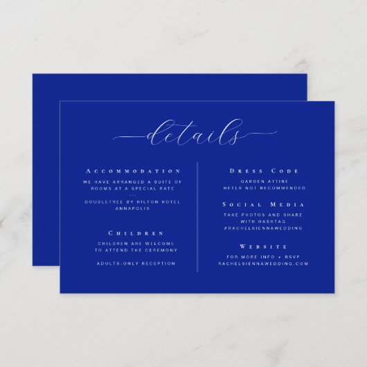 Kobalt Blauw Elegant Minimalistische Bruiloft Deta Kaart (Voorkant / Achterkant)