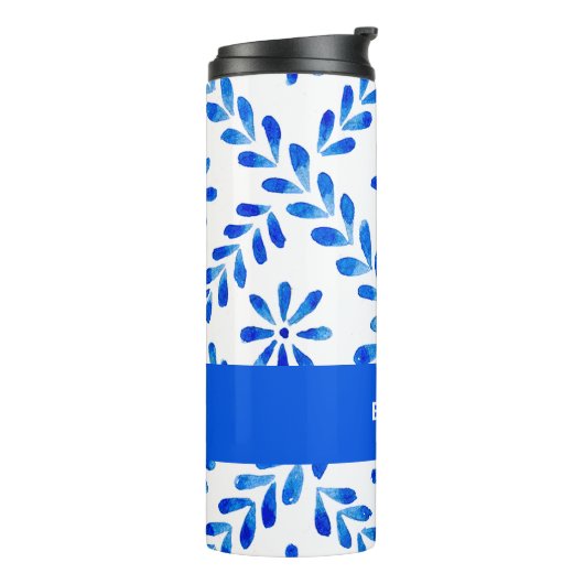 Kobalt Blauw en Wit Mediterraan Aangepaste Naam Thermosbeker (Gedraaid links)
