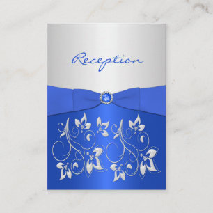 Kobalt Blauw en Zilver Bloemen Receptie Kaart