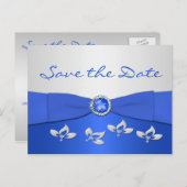 Kobalt Blauw en Zilver Bloemen Save the Date Kaart (Voorkant / Achterkant)