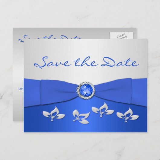 Kobalt Blauw en Zilver Bloemen Save the Date Kaart (Voorkant / Achterkant)