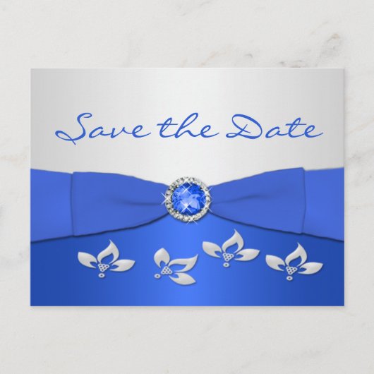 Kobalt Blauw en Zilver Bloemen Save the Date Kaart (Voorkant)