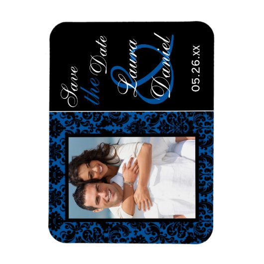 Kobalt Blauw en Zwart Damask Sla de Datummagneet o Magneet (Verticaal)