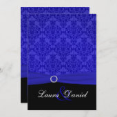 Kobalt Blauw en Zwart Damast bruiloft uitnodiging (Voorkant / Achterkant)