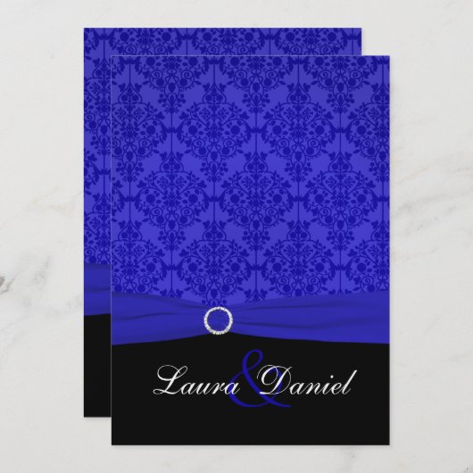 Kobalt Blauw en Zwart Damast bruiloft uitnodiging (Voorkant / Achterkant)