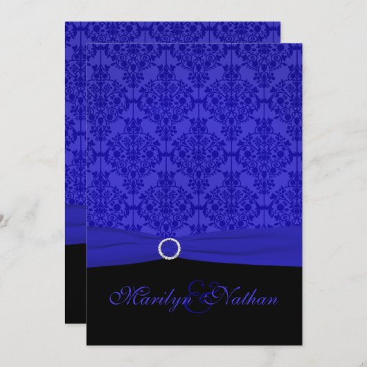Kobalt Blauw en Zwart Damast bruiloft uitnodiging (Voorkant / Achterkant)