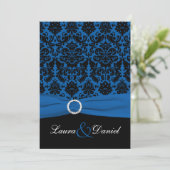 Kobalt Blauw en Zwart Damast bruiloft uitnodiging (Staand voorkant)