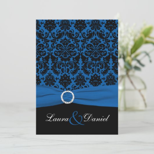 Kobalt Blauw en Zwart Damast bruiloft uitnodiging (Staand voorkant)