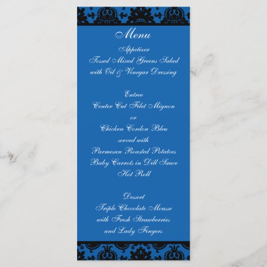 Kobalt Blauw en Zwart Damast Menu Kaart (Achterkant)