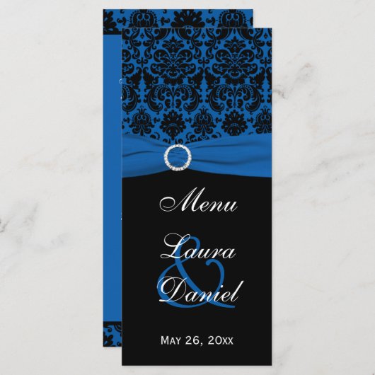 Kobalt Blauw en Zwart Damast Menu Kaart (Voorkant / Achterkant)