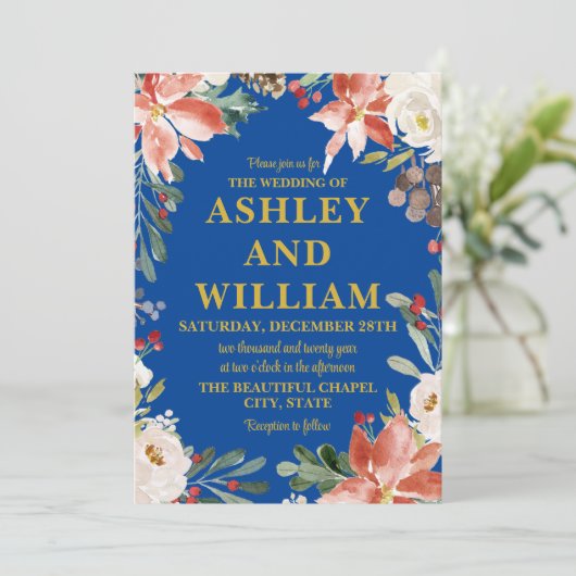 Kobalt Blauw Goud Kerst Winter Greenery Wedding Kaart (Staand voorkant)