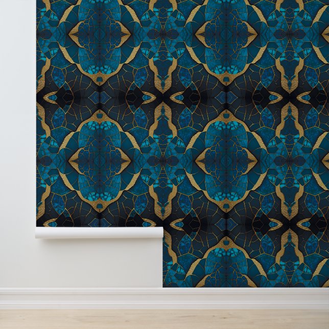Kobalt Blauw Marmer Mozaïek Goud Inlay Aders Behang (Applicatie)
