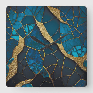 Kobalt Blauw Marmer Mozaïek Goud Inlay Aders Vierkante Klok