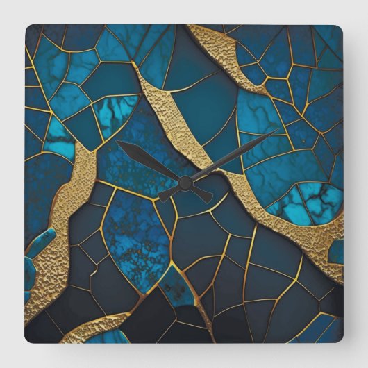 Kobalt Blauw Marmer Mozaïek Goud Inlay Aders Vierkante Klok (Voorkant)