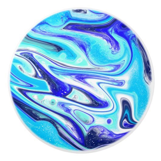 Kobalt Blauw Marmeren Vloeibare Kunst Swirls Keramische Knop (Voorkant)