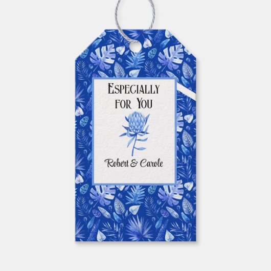 Kobalt Blauw op Blauwe Protea Bloem Matching Cadeaulabel (Voorkant)