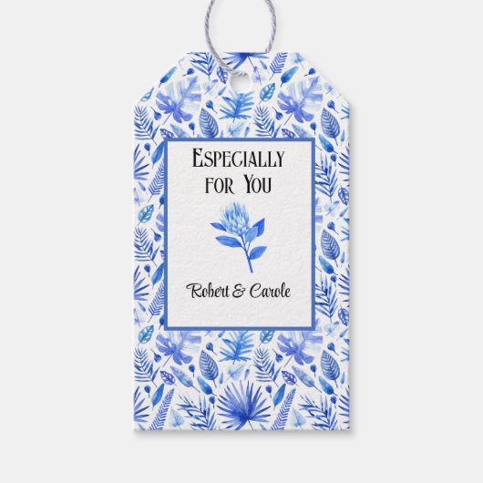 Kobalt Blauw op Witte Protea Bloem Matching Cadeaulabel (Voorkant)