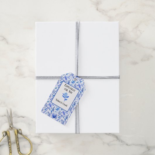 Kobalt Blauw op Witte Protea Bloem Matching Cadeaulabel (Met Touw)