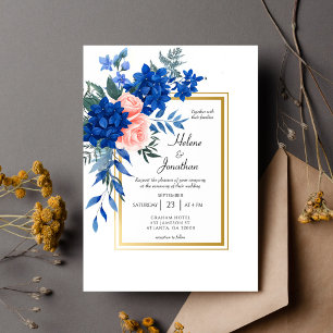 Kobalt Blauw Roze Gouden Bloem Elegante Huwelijk Kaart