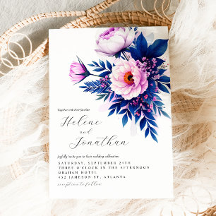 Kobalt Blauw Roze Stijlvolle Elegante Bloemen Huwe Kaart