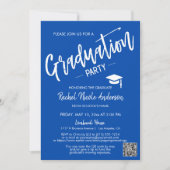 Kobalt Blauw Script QR Code Foto Graduation Party Kaart (Voorkant)