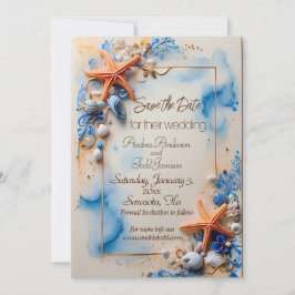 Kobalt blauw strand bruiloft save the date