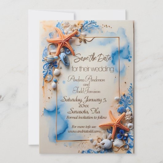 Kobalt blauw strand bruiloft save the date (Voorkant)