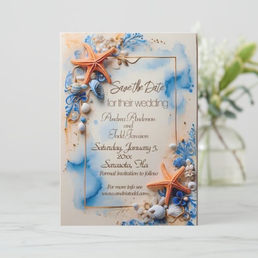 Kobalt blauw strand bruiloft save the date (Staand voorkant)