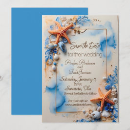 Kobalt blauw strand bruiloft save the date