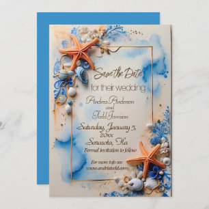 Kobalt blauw strand bruiloft save the date