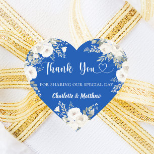 Kobalt blauw witte bloemen hart dank u bruiloft sticker