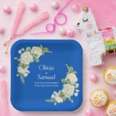 Kobalt Blauw & Witte Rozen 9" Vierkant Papieren Bordje (Feest)