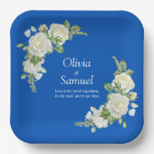 Kobalt Blauw & Witte Rozen 9" Vierkant Papieren Bordje (Voorkant)