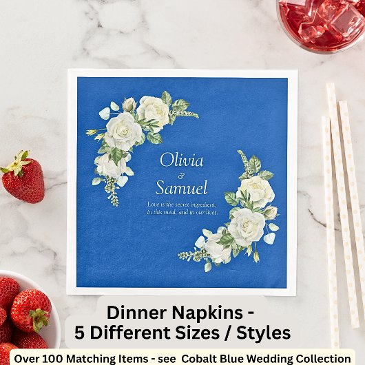 Kobalt Blauw & Witte Rozen Diner Servet