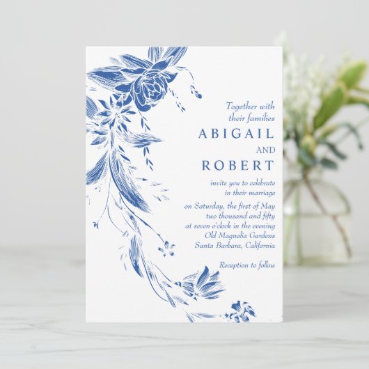 Kobalt blauwe bloemenslinger QR code bruiloft Kaart (Staand voorkant)