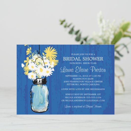 Kobalt Blauwe Rustieke Mason Jar en Gele Daisies Kaart (Staand voorkant)