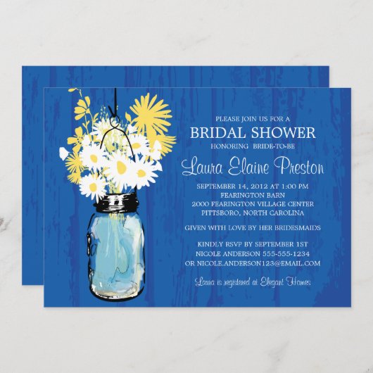 Kobalt Blauwe Rustieke Mason Jar en Gele Daisies Kaart (Voorkant / Achterkant)