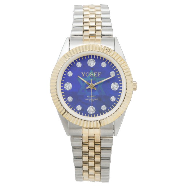Kobalt Blauwe Ster van David Diamond Dial Aangepas Horloge (Voorkant)