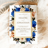 Kobalt Blauwe Waterverf Floral Elegant Huwelijk Kaart