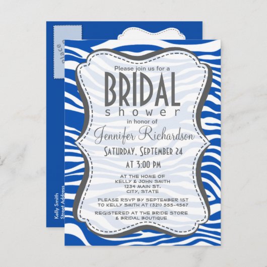 Kobalt Blauwe Zebra Strepen Dierenprint Uitnodiging Briefkaart (Voorkant / Achterkant)