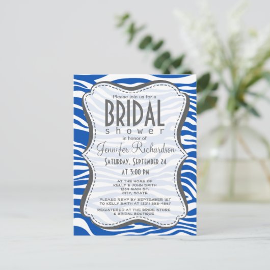 Kobalt Blauwe Zebra Strepen Dierenprint Uitnodiging Briefkaart (Staand voorkant)