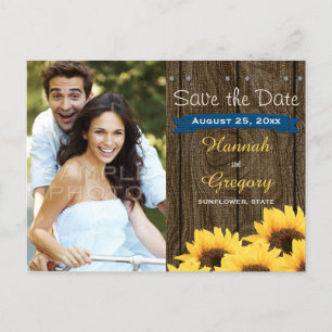 KOBALT BLU RUSTIEKE ZONNEBLOEM SAVE THE DATE BRIEF AANKONDIGINGSKAART