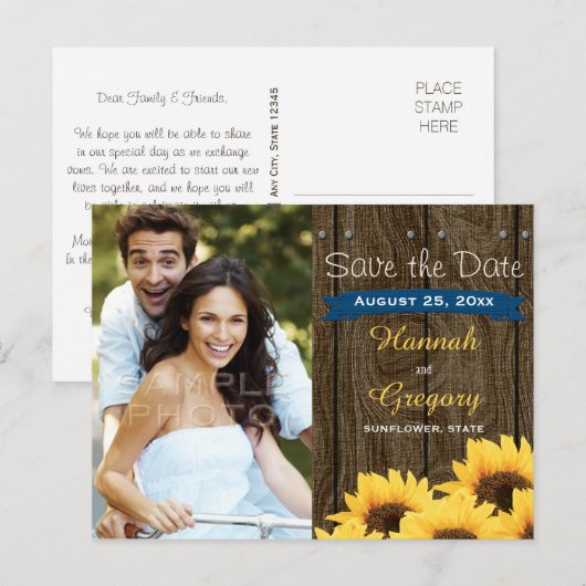 KOBALT BLU RUSTIEKE ZONNEBLOEM SAVE THE DATE BRIEF AANKONDIGINGSKAART (Voorkant / Achterkant)