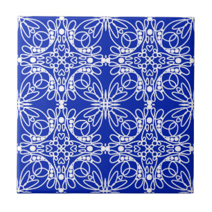 Kobalt Blue and White Line Art Floral and Hearts Tegeltje