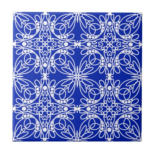 Kobalt Blue and White Line Art Floral and Hearts Tegeltje (Voorkant)