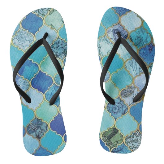 Kobalt Blue, Aqua & Gold Moroccan Teenslippers (Voetbed)